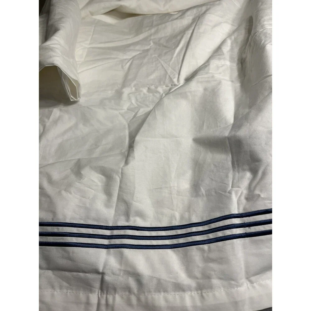 Pottery Barn White w Blue Embroidered Stripes King Size Bed Skirt
